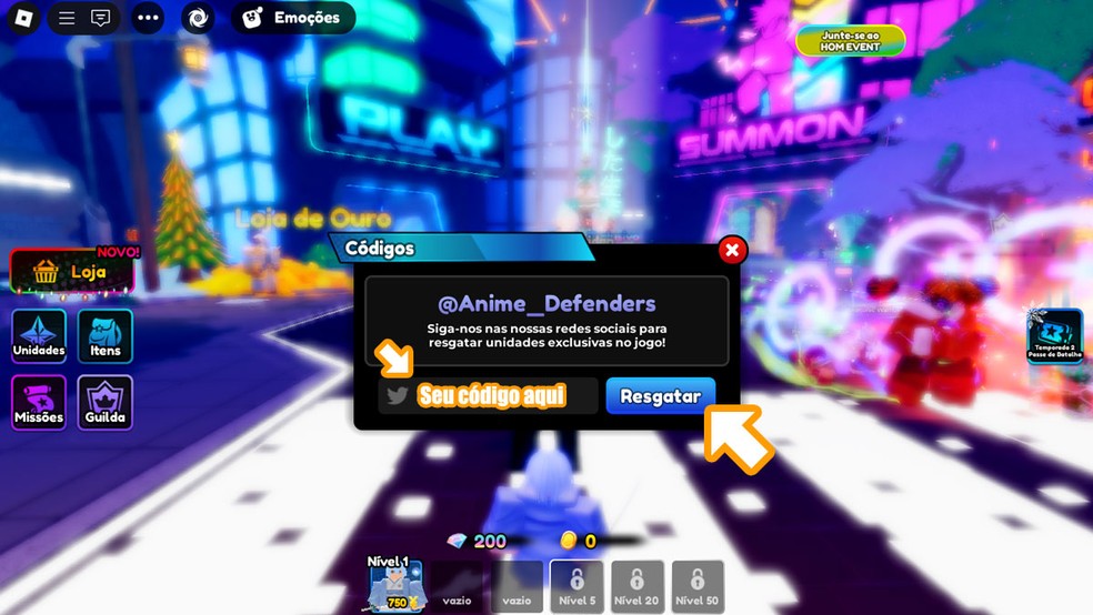 Insira o código na janela que se abrirá de Anime Defenders em Roblox e clique em "Resgatar" para obter sua recompensa — Foto: Reprodução/Rafael Monteiro