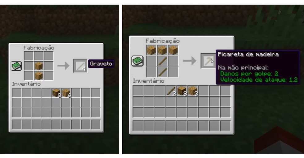 Criando graveto e picareta de madeira no Minecraft — Foto: Reprodução/YouTube