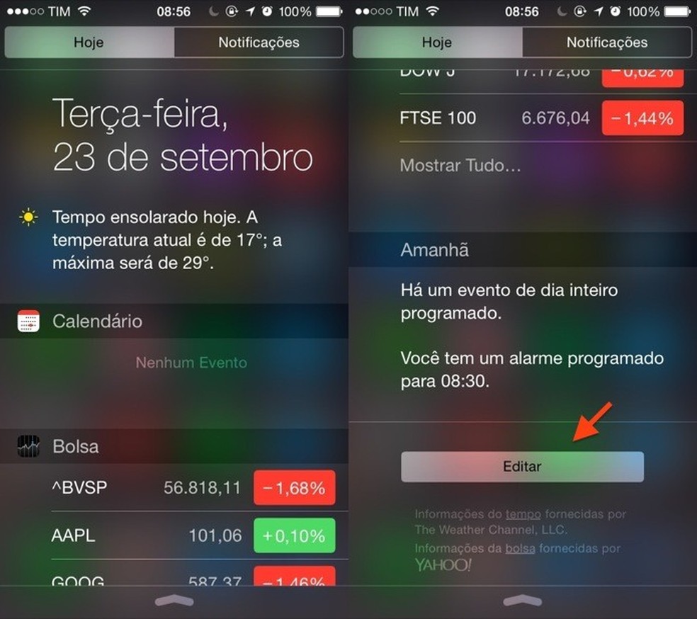 Abra a central de notificações do iOS e toque em Editar (Foto: Reprodução/Helito Bijora) — Foto: TechTudo