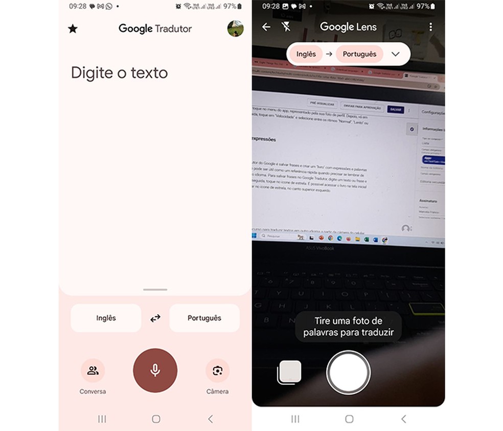 Recurso para traduzir textos e frases pela câmera do celular pode facilitar uso do app — Foto: Reprodução/Marcela Franco