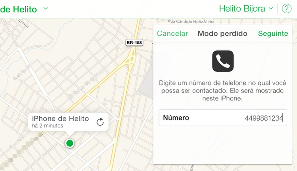 Digite um número para contato se o seu iPhone foi roubado ou perdido — Foto: Reprodução/Helito Bijora