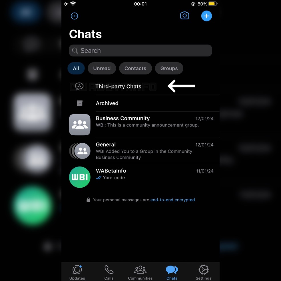 Print com o recurso Bate-papos de terceiros em versão teste do WhatsApp para iOS — Foto: Divulgação/WABetaInfo