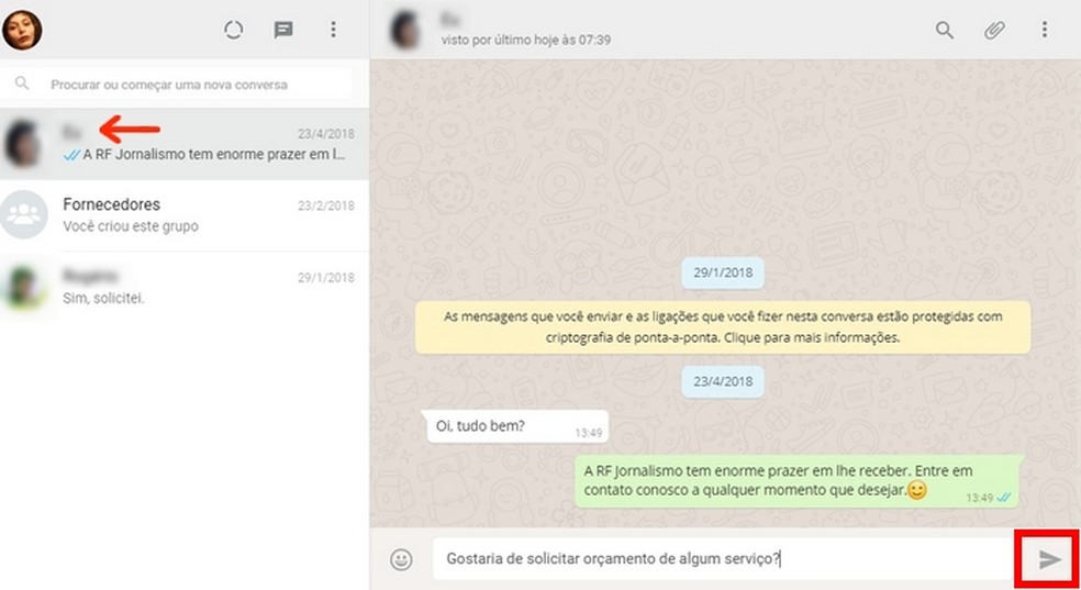 Envio de mensagem de texto em chat existente do WhatsApp Business pelo PC — Foto: Reprodução/Raquel Freire