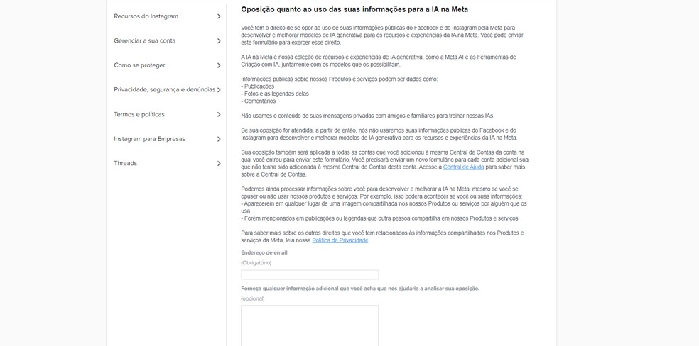Formulário para se opor ao uso de dados pela Meta — Foto: Reprodução/Juliana Villarinho