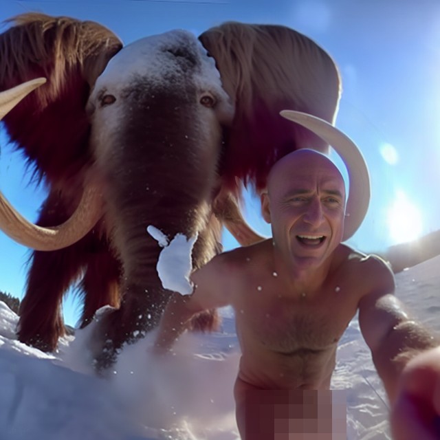 Stelfie é perseguido por um mamute em foto na era glacial — Foto: Reprodução/Twitter