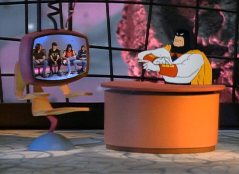 O antigo herói da Hanna Barbera Space Ghost é o apresentador de um talk show animado repleto de piadas nonsense — Foto: Divulgação/HBO Max