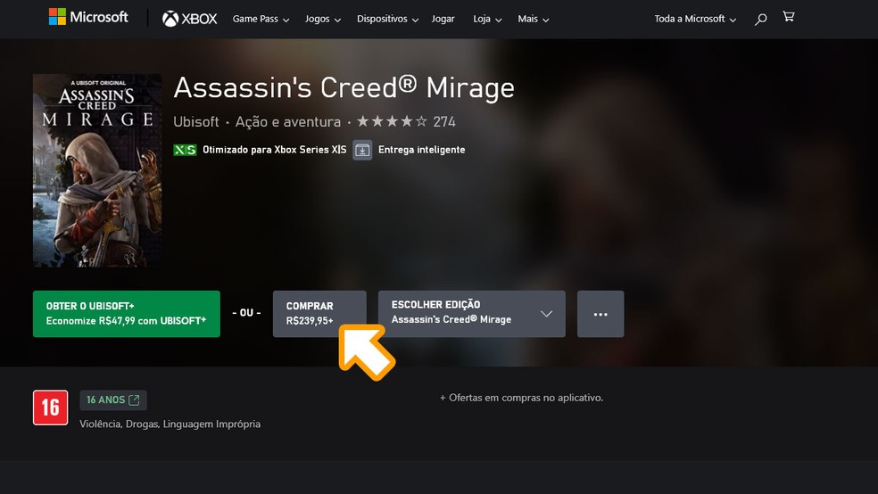 Na página de Assassin's Creed Mirage na Microsoft Store clique no botão "Comprar" e complete a compra do jogo para poder baixá-lo em seu Xbox Series X ou Xbox Series S — Foto: Reprodução/Rafael Monteiro