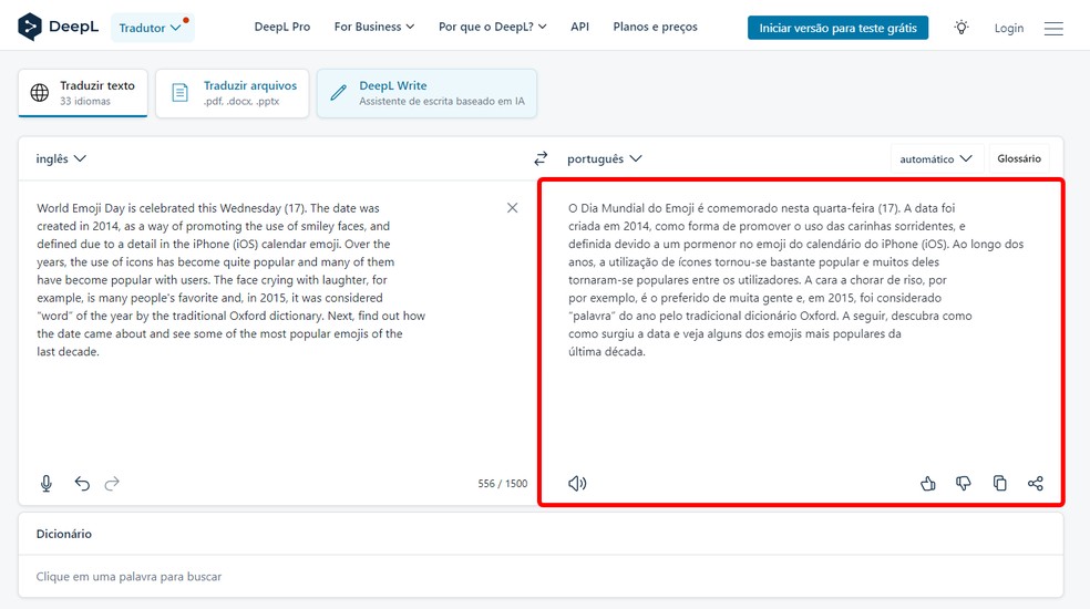 DeepL Translate: veja como traduzir textos online usando inteligência artificial — Foto: Reprodução/Rodrigo Fernandes
