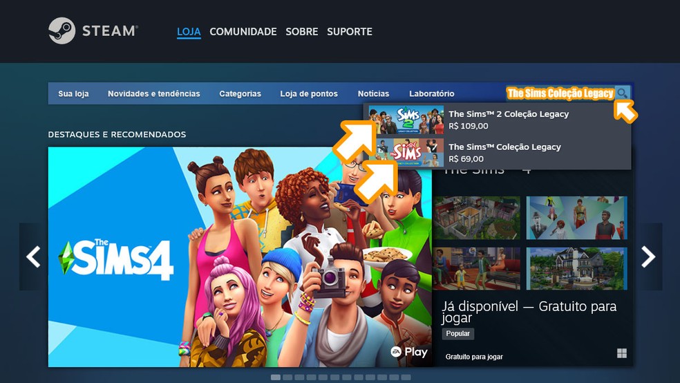 Acesse a loja digital Steam, procure por "The Sims Coleção Legacy" e selecione The Sims 1 ou 2 — Foto: Reprodução/Steam