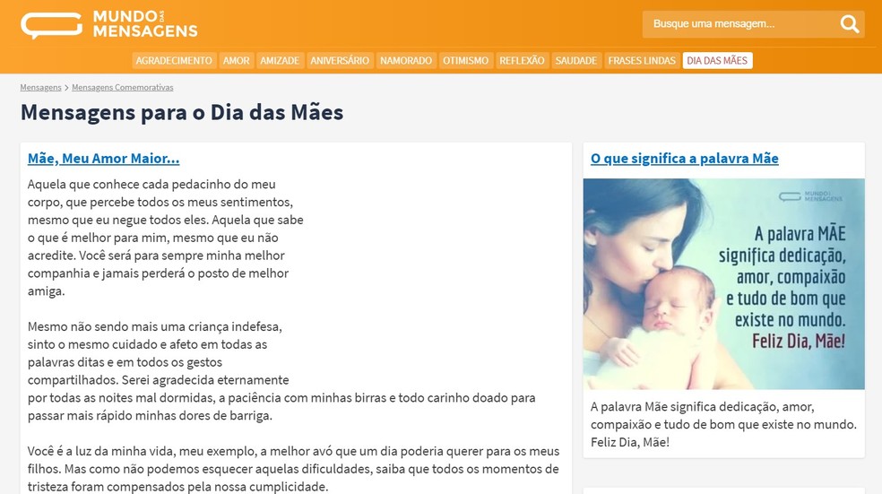 Mundo das Mensagens é um site que oferece mensagens para o Dia das Mães 2024 — Foto: Reprodução/Thaisi Carvalho