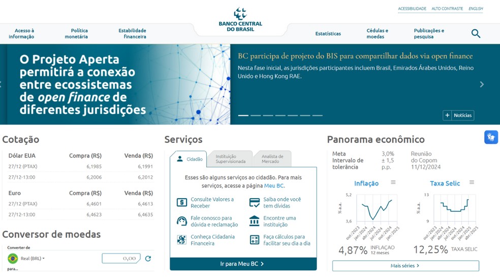 Site do BACEN publica a cotação oficial do dólar atualizada em dias úteis — Foto: Reprodução/Júlia Silveira