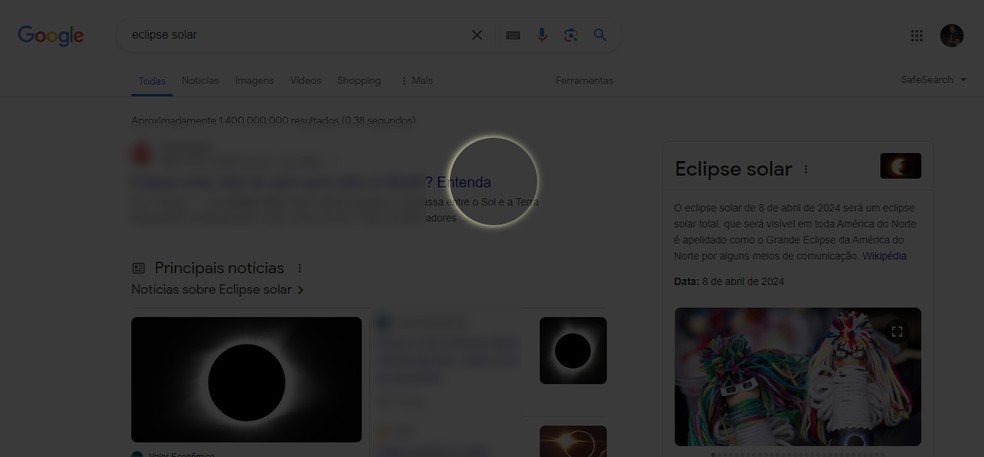 É preciso buscar por "eclipse solar" ou "eclipse solar total" para a animação do Google aparecer — Foto: Reprodução/Yuri Neri