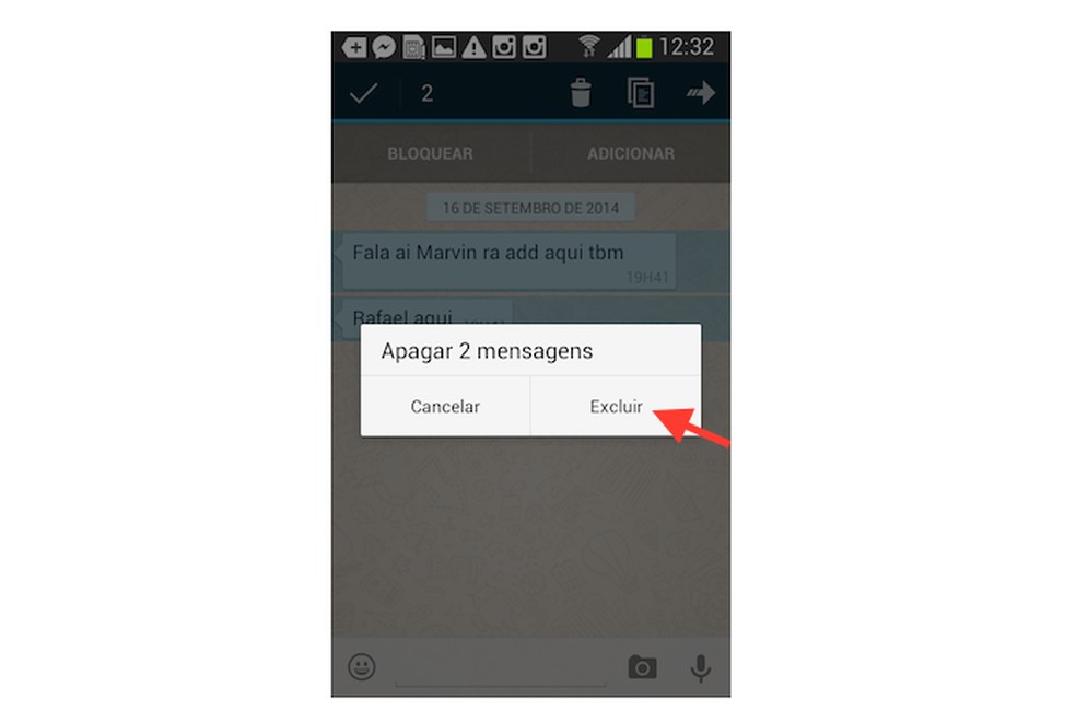 Excluindo várias mensagens de uma vez no WhatsApp para Android (Foto: Reprodução/Marvin Costa) — Foto: TechTudo