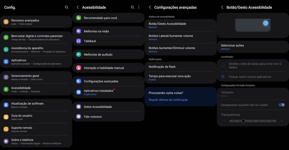 Menu de acessibilidade permite configurar atalhos com o botão lateral no Android — Foto: Reprodução/Murilo Fraga