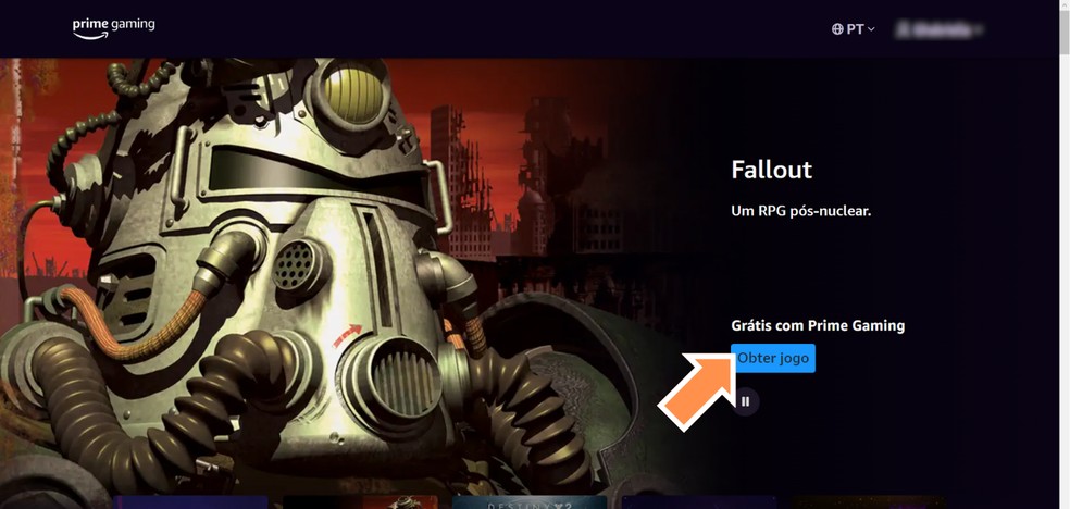 Na página inicial do Prime Gaming, clique em 'Obter jogo' na oferta de Fallout — Foto: Reprodução/Róbson Martins