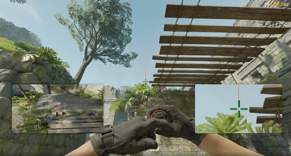 Local exato de mira para lançar a smoke e fechar o Janelão em Ancient, no Counter-Strike 2 (CS2) — Foto: Reprodução/CSnades.gg