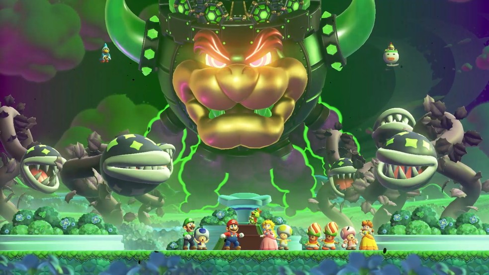 Bowser se transforma em um castelo voador e espalha o caos no Reino da Flor em Super Mario Bros. Wonder — Foto: Divulgação/Nintendo