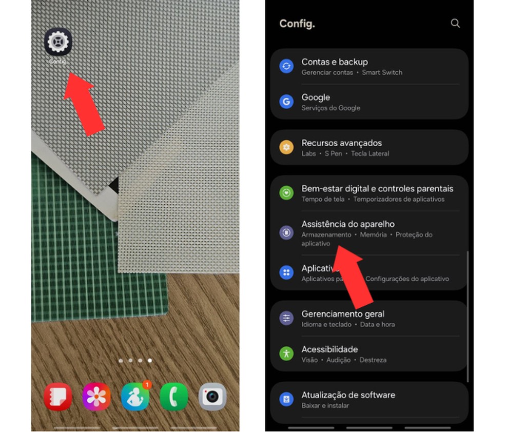 Acessando as configurações do Samsung; limpeza da memória interna pode ser feita com apenas um clique — Foto: Reprodução/Mariana Tralback