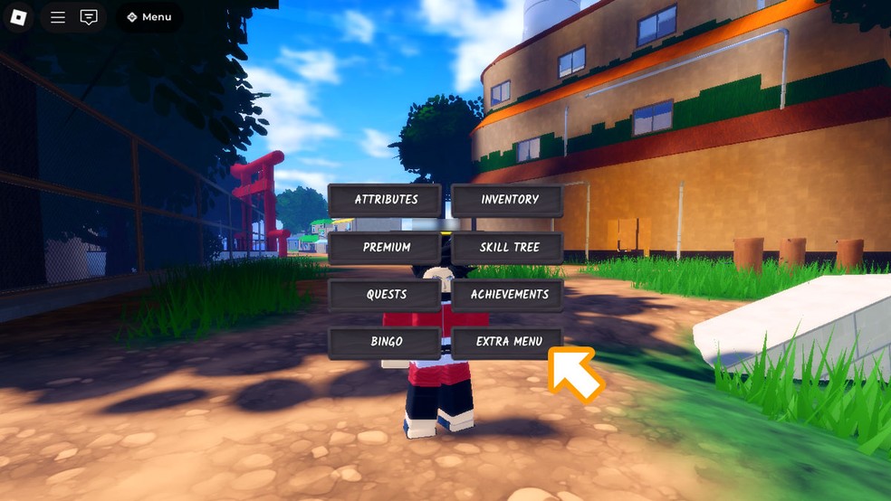 Durante o gameplay em Ninja Time no Roblox pressione a tecla M para abrir o menu do jogo e selecione a opção "Extra Menu" — Foto: Reprodução/Rafael Monteiro