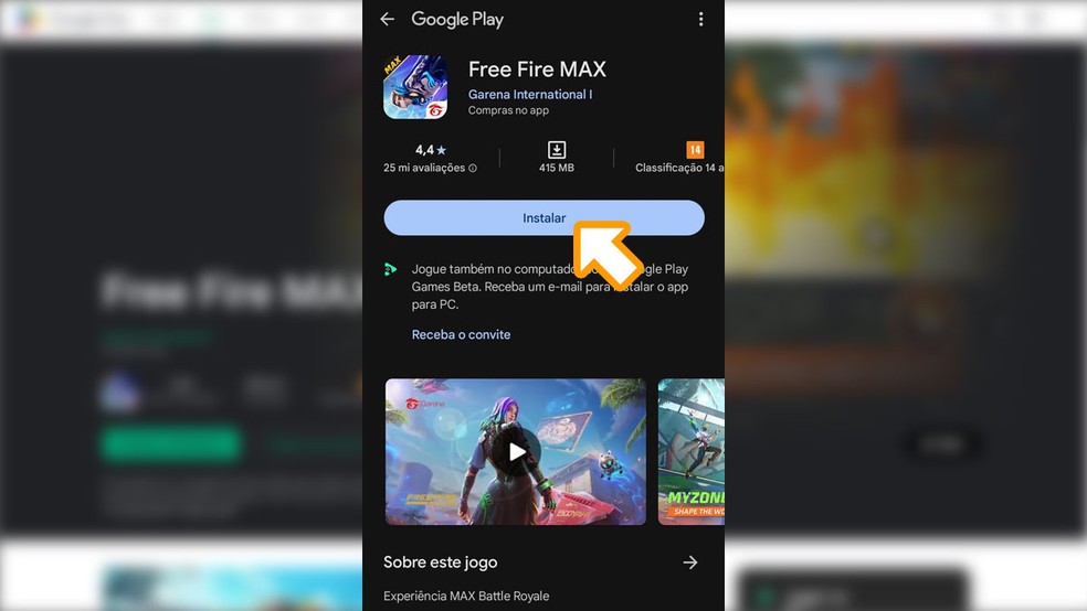 Caso abra o link em seu smartphone basta clicar em "Instalar" para baixar Free Fire Max em seu aparelho Android — Foto: Reprodução/Rafael Monteiro