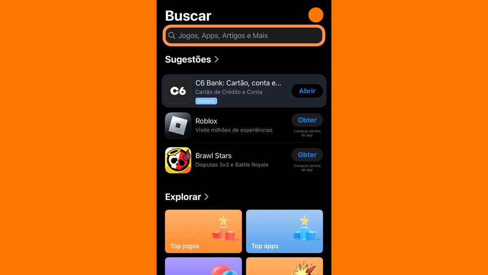 Selecione a barra de buscas na App Store — Foto: Reprodução/Róbson Martins