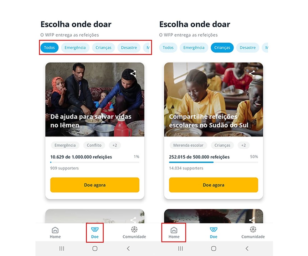 O app ShareTheMeal possui várias categorias de doações — Foto: Reprodução/Marcela Franco