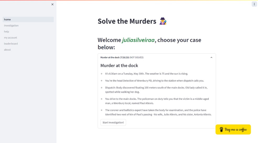 No jogo Solve the Murders, usuário utiliza chatot para desvendar crimes — Foto: Reprodução/Júlia Silveira