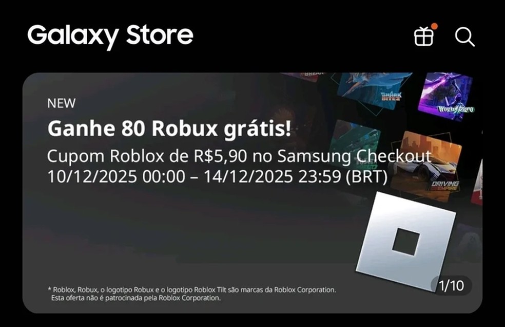 Samsung deu cupom para resgatar Robux — Foto: Reprodução/Galaxy Store