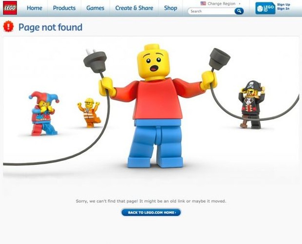 Página de erro 404 da Lego (Foto: Reprodução/BusinessInsider) — Foto: TechTudo