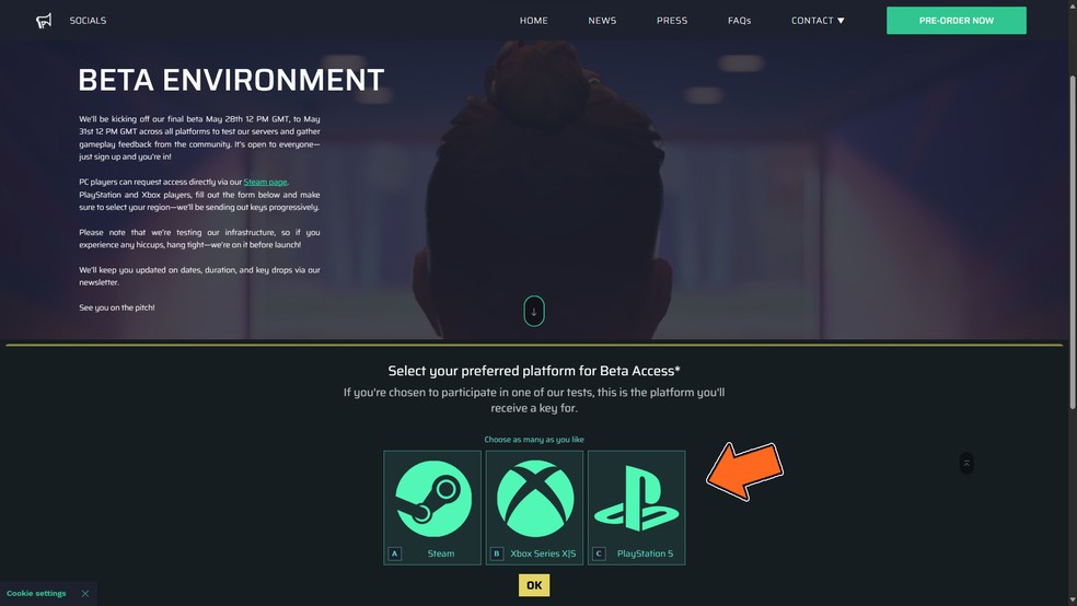 Selecione a sua plataforma de interesse para jogar o Beta de Rematch — Foto: Reprodução/Bruno Magalhães