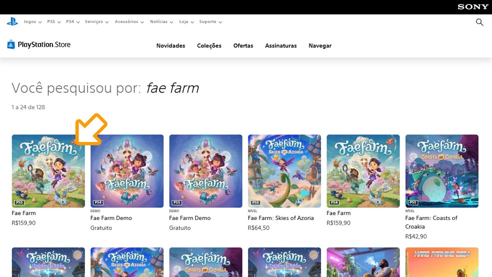 Entre os resultados da PS Store clique no jogo "Fae Farm" — Foto: Reprodução/Rafael Monteiro