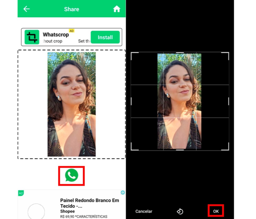 Exportação da foto de perfil inteira do WhatsApp para o mensageiro por meio do app WhatsCrop — Foto: Reprodução/Carolina Torres