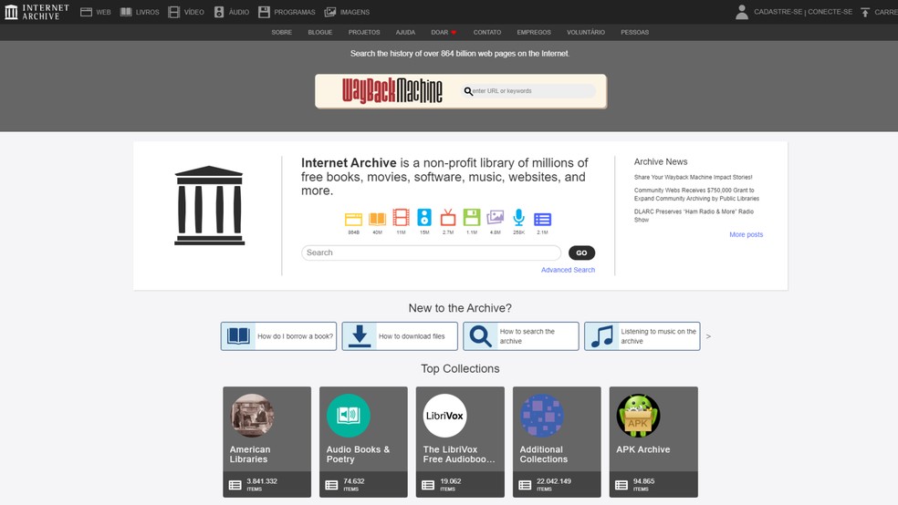 No site Internet Archive é possível encontrar arquivos antigos da web — Foto: Reprodução/Júlia Silveira