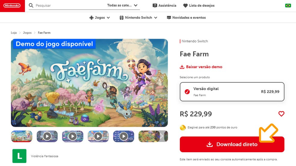 Na página de Fae Farm na Nintendo Game Store clique em "Download direto". Complete a compra e baixe o jogo em seu Nintendo Switch — Foto: Reprodução/Rafael Monteiro