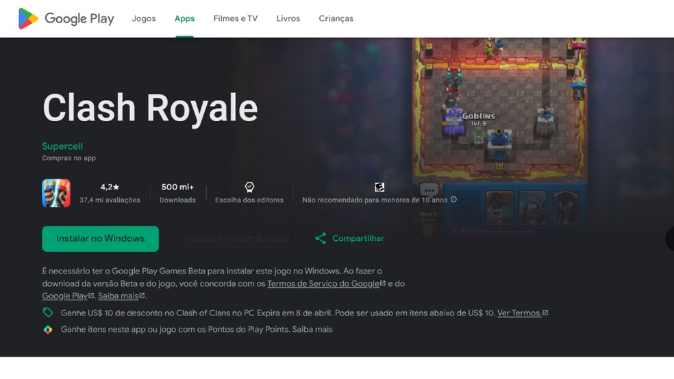 Acesse a página de Clash Royale na Google Play Store — Foto: Reprodução/Róbson Martins