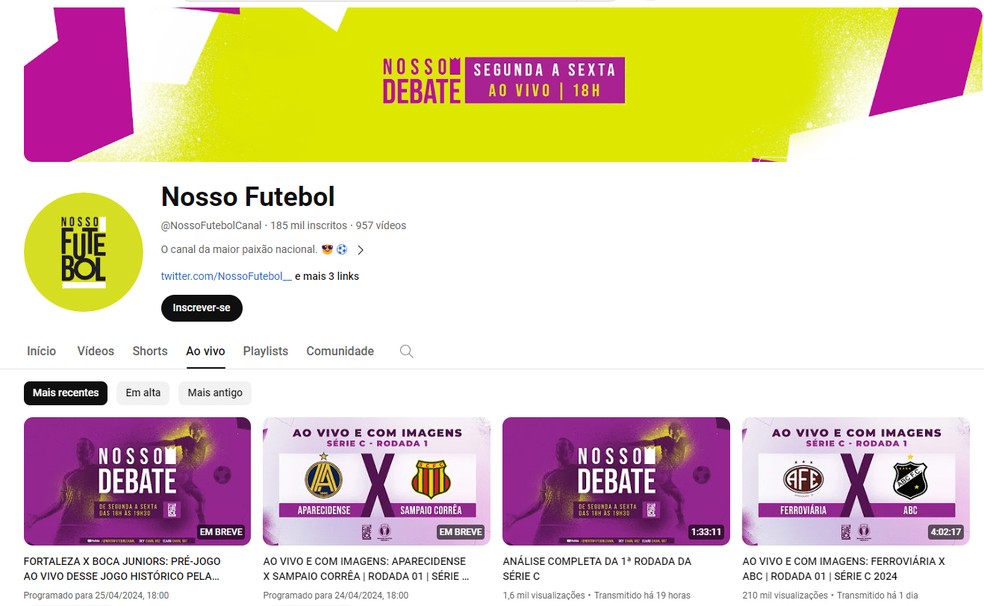 Nosso Futebol é mais um canal no YouTube que transmite jogos ao vivo e de maneira gratuita — Foto: Reprodução/Bruno Guerra