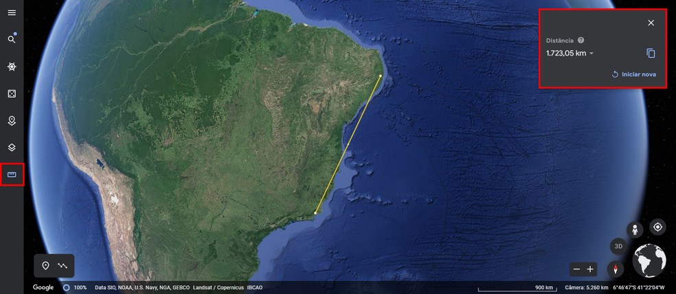 Ferramenta do Google Earth permite medir distância entre lugares do mundo — Foto: Reprodução/Rodrigo Fernandes