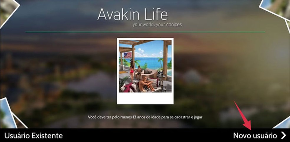 Clique em "Novo usuário" para criar um avatar no Avakin Life — Foto: Reprodução/Tais Carvalho