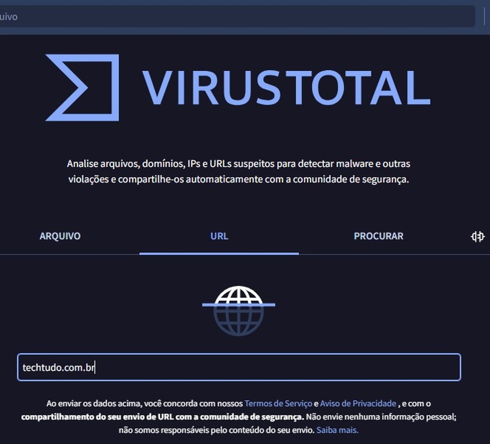 A plataforma Virus Total possui uma ferramenta de varredura multifuncional que analisa arquivos e URLs — Foto: Reprodução/VirusTotal