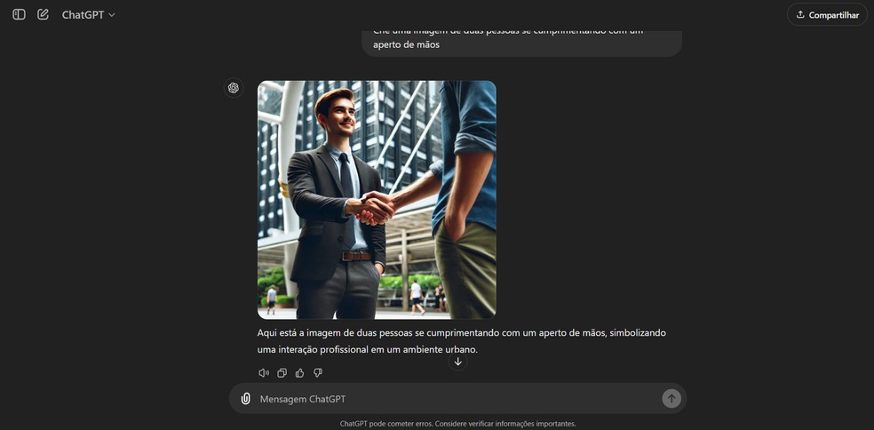 O ChatGPT criou uma imagem de mãos mais distorcida, com dedos a mais — Foto: Reprodução/ChatGPT