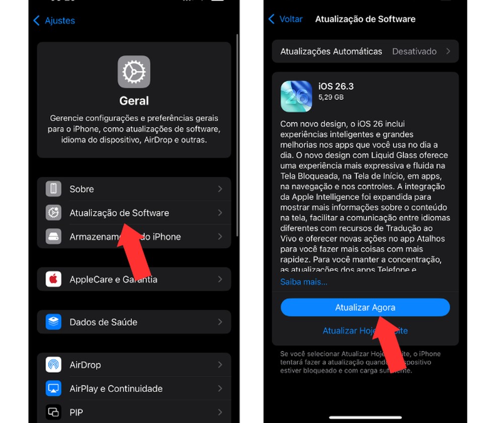 Instalação do iOS 26.3 leva alguns minutos; é necessário ter aproximadamente 16 GB de armazenamento — Foto: Reprodução/Mariana Tralback