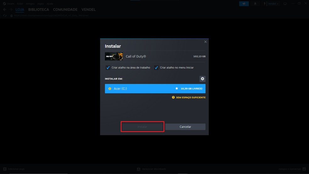 Verifique se o PC possui espaço disponível e instale — Foto: Reprodução/Wendel Martins