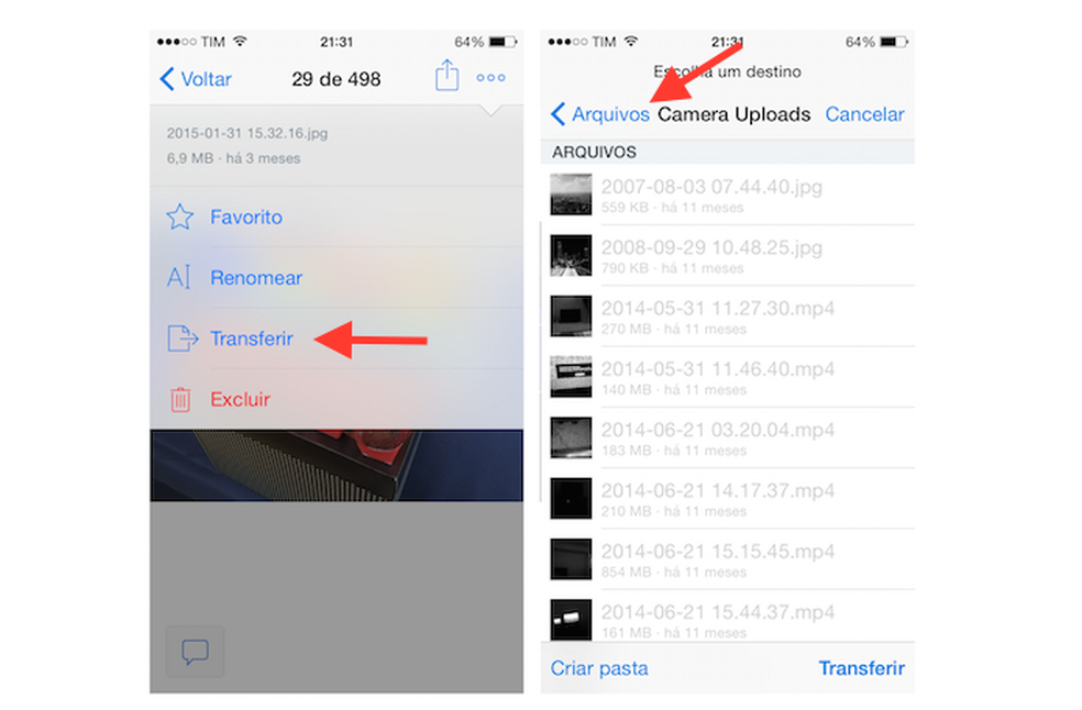 Iniciando a transferência de uma arquivo para outra pasta do Dropbox para iPhone (Foto: Reprodução/Marvin Costa) — Foto: TechTudo