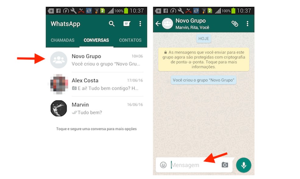 Acesso à tela de composição de mensagem de um chat de grupo do WhatsApp para Android (Foto: Reprodução/Marvin Costa) — Foto: TechTudo