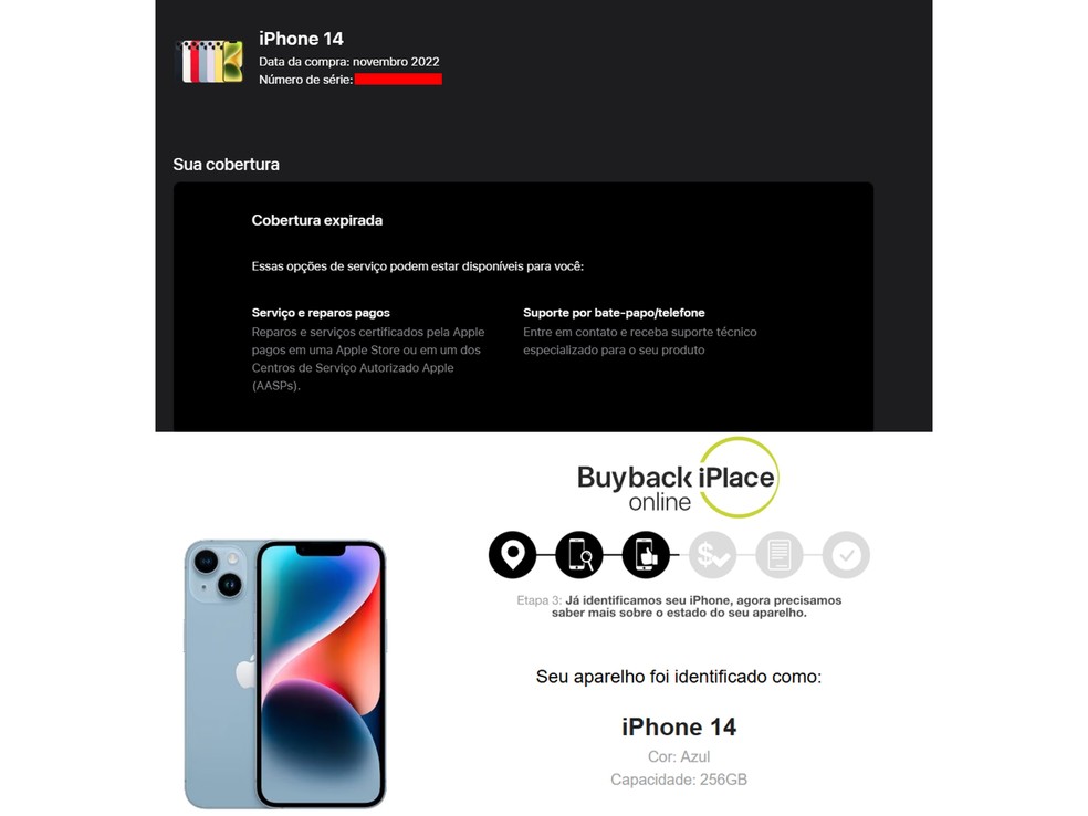 Consulta de modelo do iPhone pelo IMEI — Foto: Reprodução/Apple e iPlace (Editada por Daniel Trefilio)