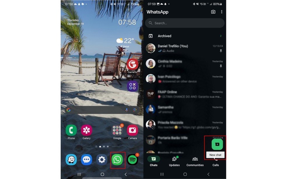 Configurando ChatGPT no WhatsApp: abra seu aplicativo do e clique no ícone para iniciar uma nova conversa — Foto: Reprodução/Daniel Trefilio