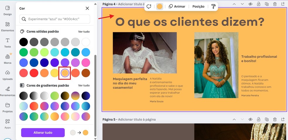 Troque a cor de fundo do portfólio — Foto: Reprodução/Thaisi Carvalho
