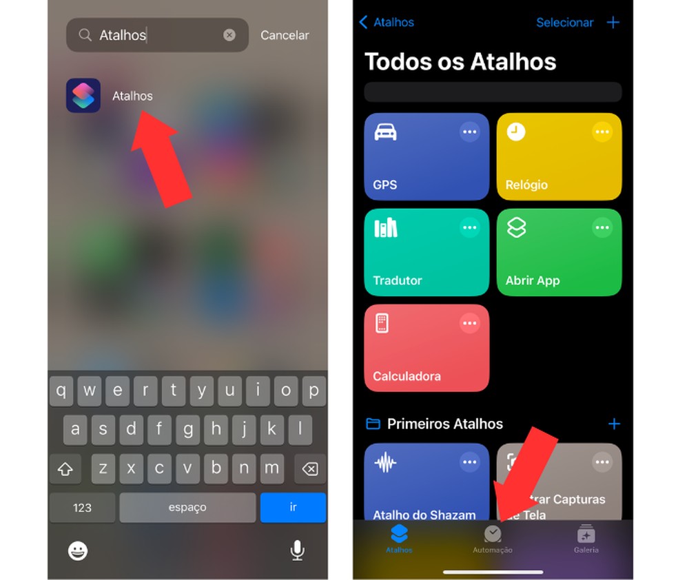 Acessando o aplicativo “Atalhos” no iPhone (iOS) — Foto: Reprodução/Mariana Tralback