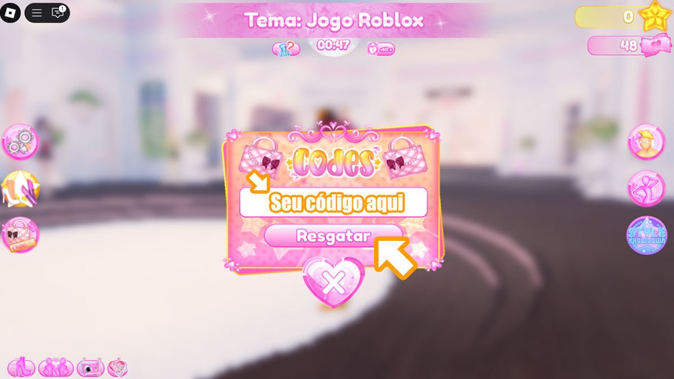 Insira o código na janela que se abrirá de Dress to Impress em Roblox e clique em "Resgatar" para obter sua recompensa — Foto: Reprodução/Rafael Monteiro