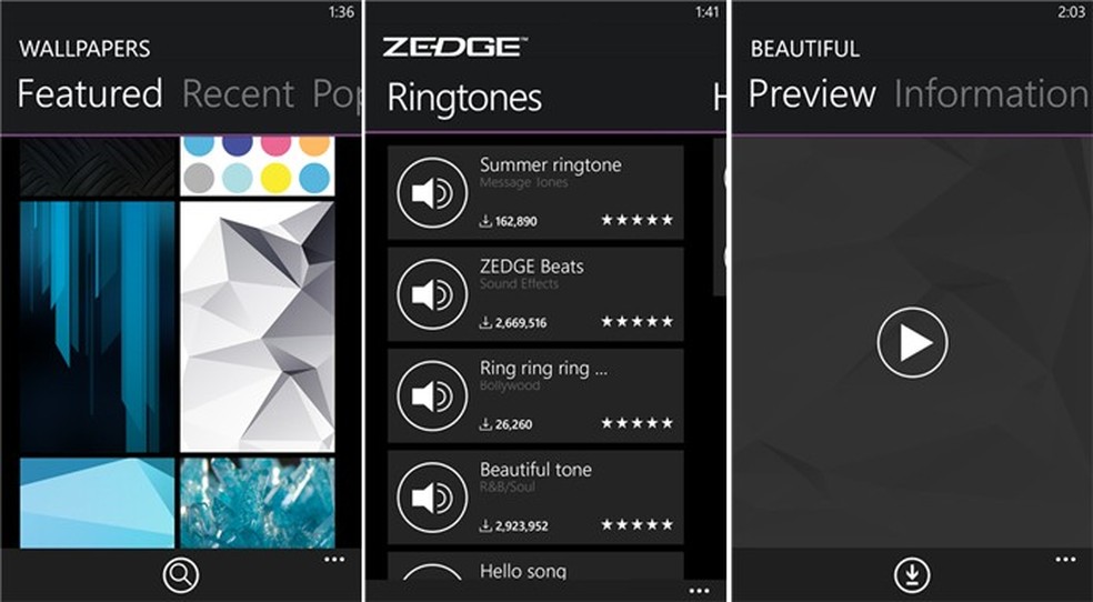 Zedge traz variadas opções de ringtones e papéis de parede para Windows Phone (Foto: Divulgação/Windows Phone Store) — Foto: TechTudo